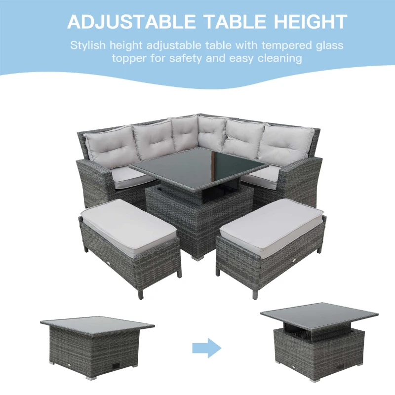 Outsunny 6 Pcs Rattan Corner Sofa Rising Table Set, Aluminium Frame Outdoor Patio Garden Wicker Dining Furniture Adjustable convertible Table