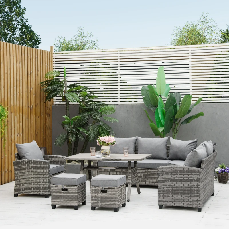 Outsunny 7-delig Luxe poly-rotan tuinmeubelset tuinset zitgroep loungeset loungemeubilair met bijzettafel zitkussen grijs