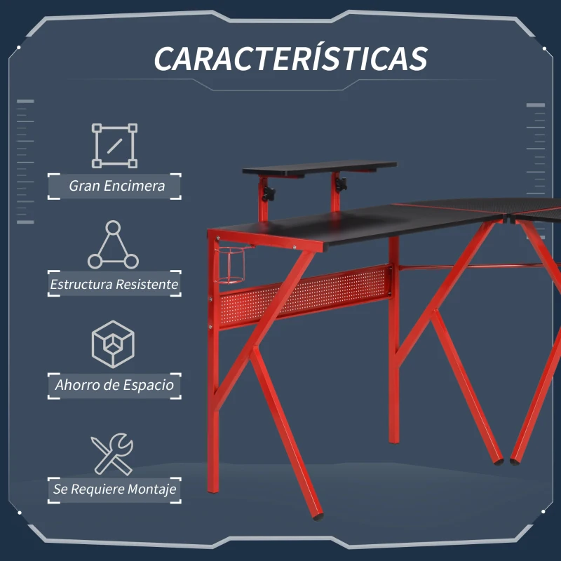 HOMCOM Mesa Gaming Escritorio para Ordenador PC con Portavasos Gancho para Auriculares Estante para Monitor Ajustable de 3 Niveles para Sala de Juego 125x125x75 cm Negro y Rojo
