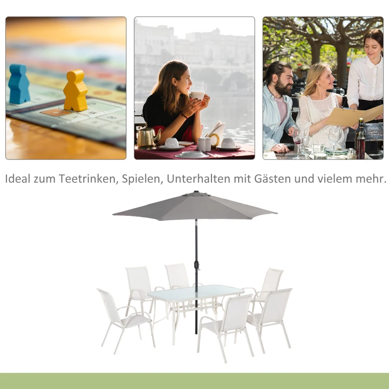 Outsunny Sitzgruppe für 6 Personen Essgruppe mit Sonnenschirm Gartenmöbel Set Alu Cremeweiß+Hellgrau
