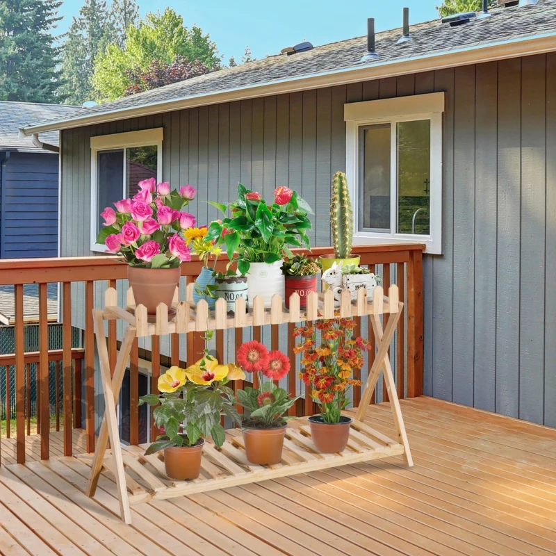 Outsunny Blumenregal aus Holz 2-stufiger Pflanzenständer Blumenständer Natur innen draußen 108 x 37 x 65 cm