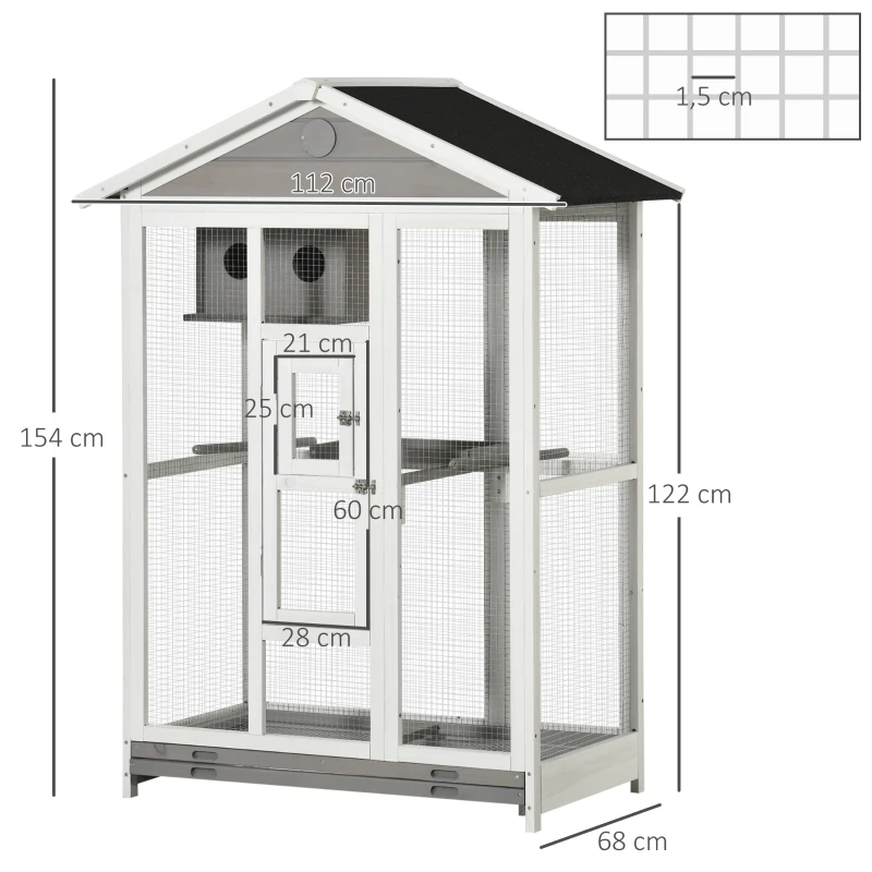 PawHut Houten Volière Vogelkooi met Zitstok Asfalt Dak Binnen/Buiten Waterdicht 112 x 68 x 154 cm