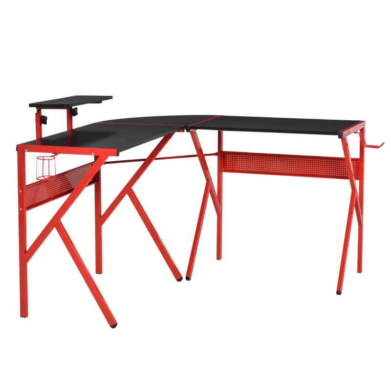HOMCOM Mesa Gaming Escritorio para Ordenador PC con Portavasos Gancho para Auriculares Estante para Monitor Ajustable de 3 Niveles para Sala de Juego 125x125x75 cm Negro y Rojo