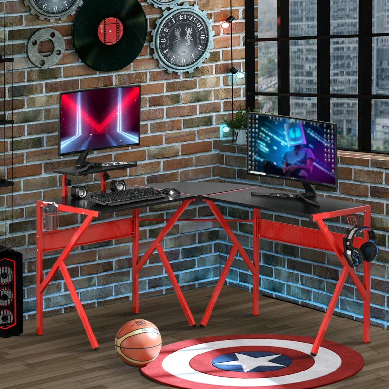 HOMCOM Mesa Gaming Escritorio para Ordenador PC con Portavasos Gancho para Auriculares Estante para Monitor Ajustable de 3 Niveles para Sala de Juego 125x125x75 cm Negro y Rojo