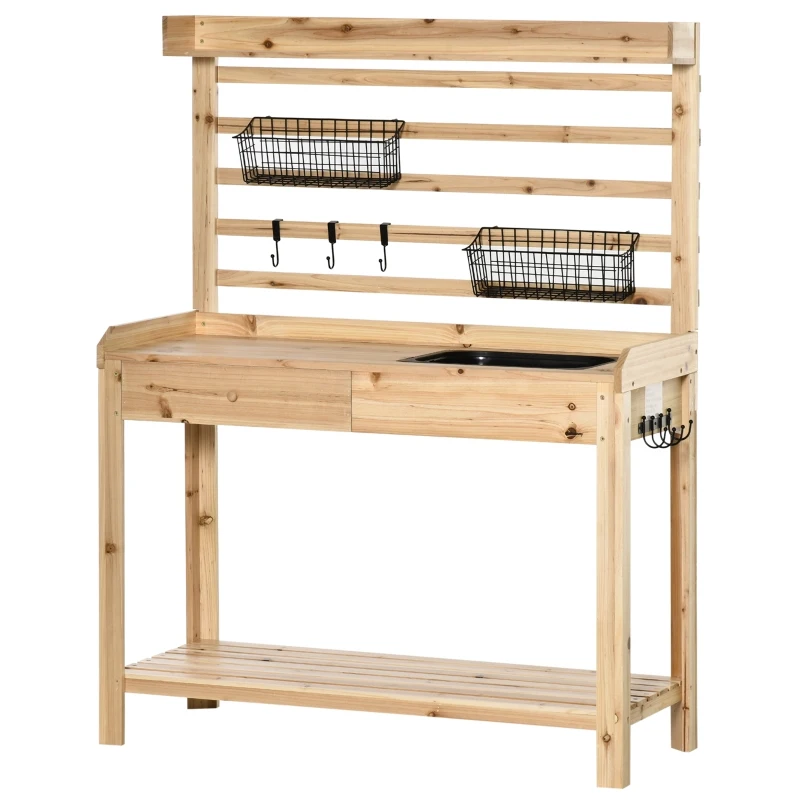 Outsunny Planttafel Tuintafel met Wastafel Houten Bloementafel met Ladehaak Mandplank Tuinterras Naturel 107,5 x 46 x 142 cm