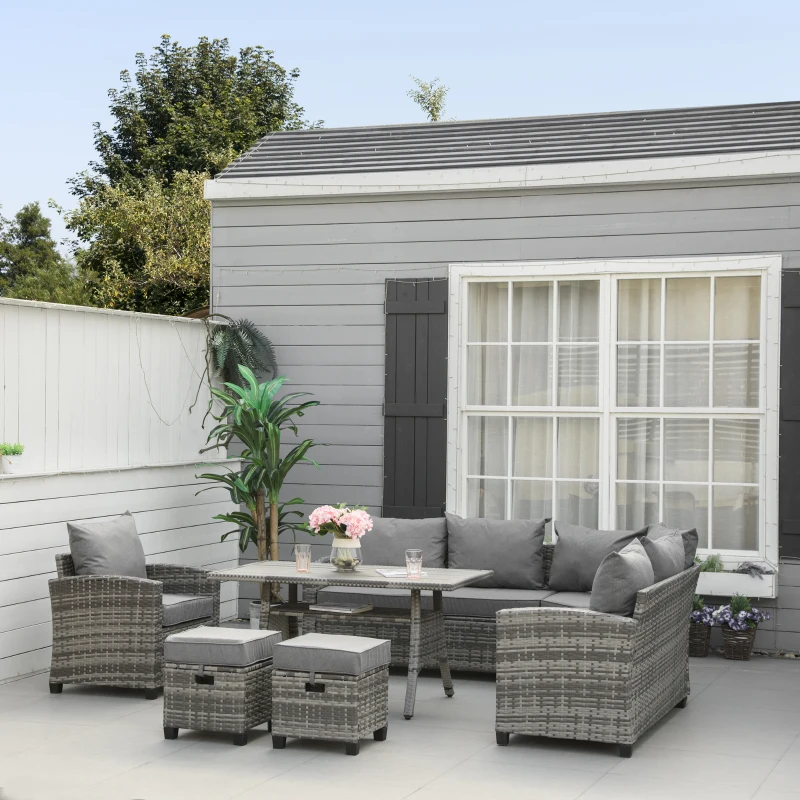 Outsunny 7-delig Luxe poly-rotan tuinmeubelset tuinset zitgroep loungeset loungemeubilair met bijzettafel zitkussen grijs