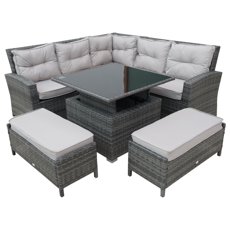 Outsunny 6 Pcs Dining Set W/PE Rattan Aluminium, 120W x 73D x 87Hcm-Grey Rattan Grey Covers