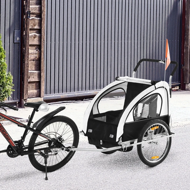 HOMCOM Remolque de Bicicleta para Niños de 2 Plazas con Amortiguadores y Barra 142x85x105 cm Blanco