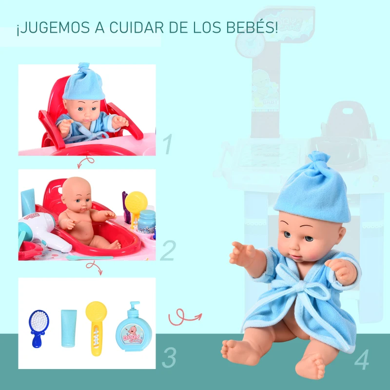 HOMCOM Cuidado de Muñeca para Niños de +3 Años Juguete de Imitacion Incluye 28 Piezas con Efecto de Sonido Educativo 52x30,5x72 cm Rosa