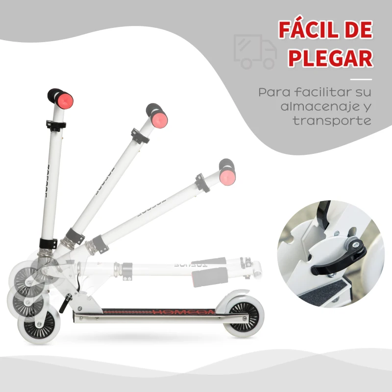 HOMCOM Patinete para Niños de +3 Años Plegable Scooter de 2 Ruedas con Manillar Altura Ajustable Freno Posterior y Pedal Antideslizante Carga 50 kg 67,7x34x79,5-89,5 cm Blanco