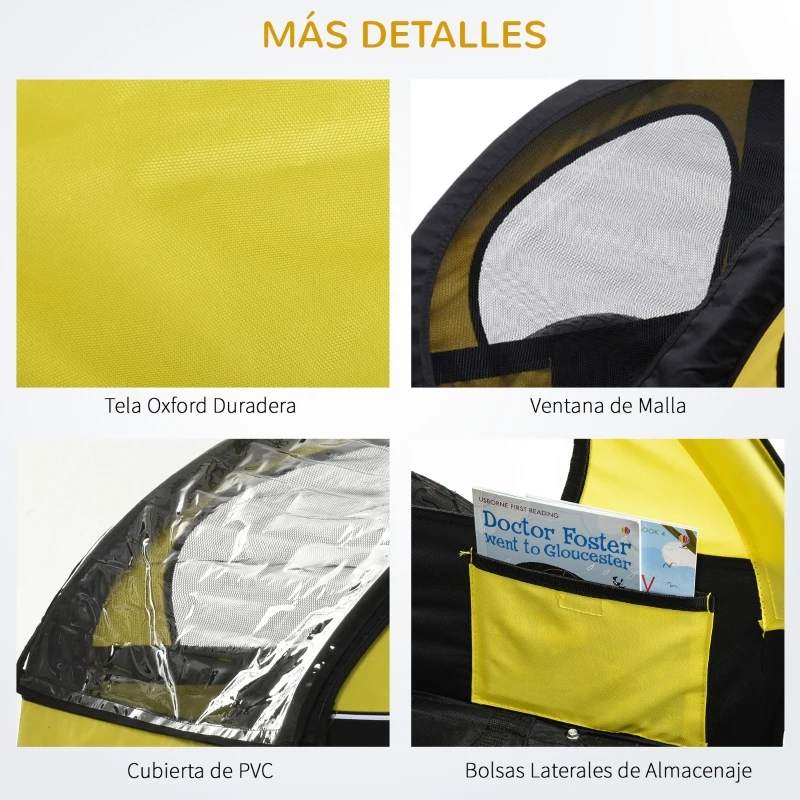 HOMCOM Remolque de Bicicleta para Niños de 2 Plazas con Amortiguadores y Barra 142x85x105 cm Amarillo