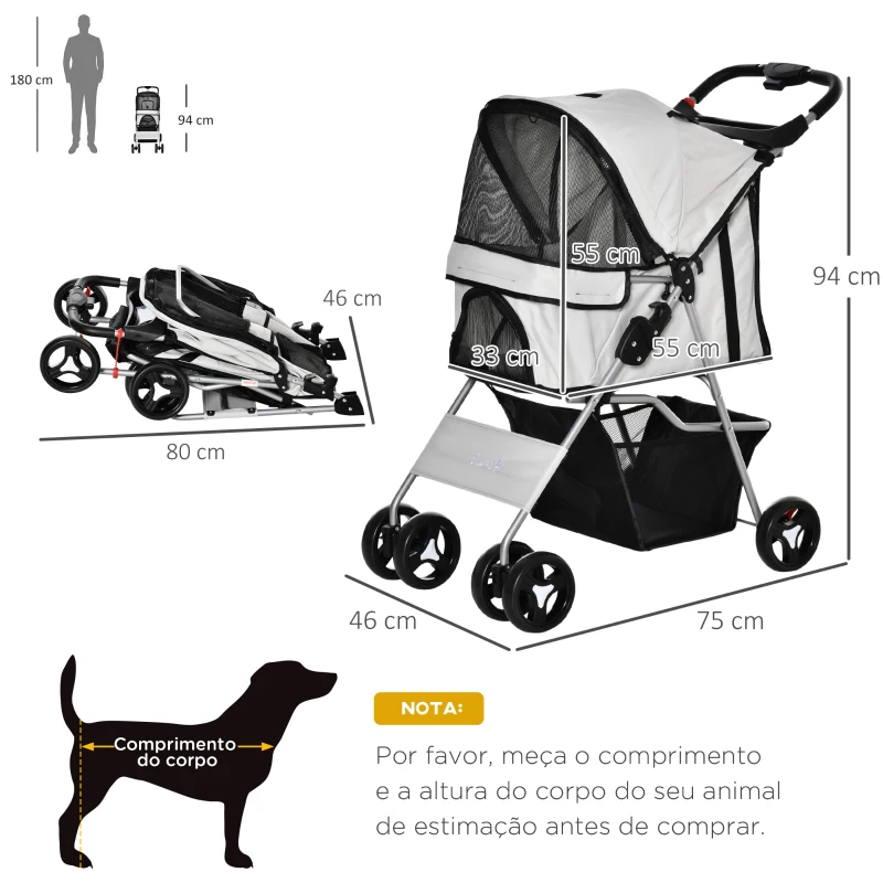 PawHut Carrinho para Animais de Estimação Dobrável para Cães com Capô Ajustável Cesta de Armazenamento e Rodas com Freio Tecido Oxford Estrutura de Aço 74x46x94cm Cinza