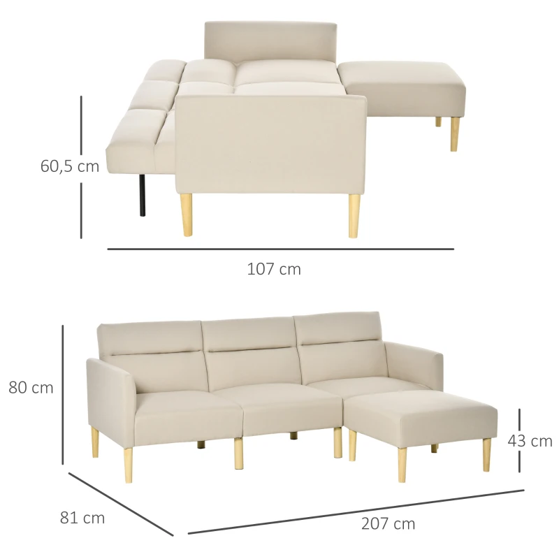 HOMCOM Sofabezug 3 sitzer Schlafsofa Stühle 2-In-1 Klappsofa Sofa in Bett individuell einstellbare Rückenlehne Sackleinen Schaumstoff Holz Beige 207 x 81 x 80 cm