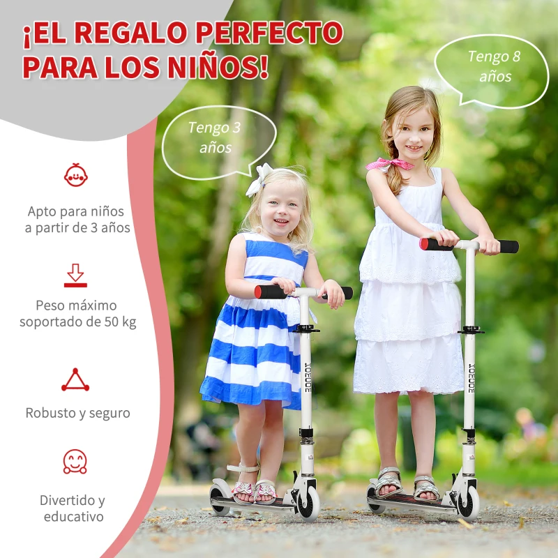 HOMCOM Patinete para Niños de +3 Años Plegable Scooter de 2 Ruedas con Manillar Altura Ajustable Freno Posterior y Pedal Antideslizante Carga 50 kg 67,7x34x79,5-89,5 cm Blanco