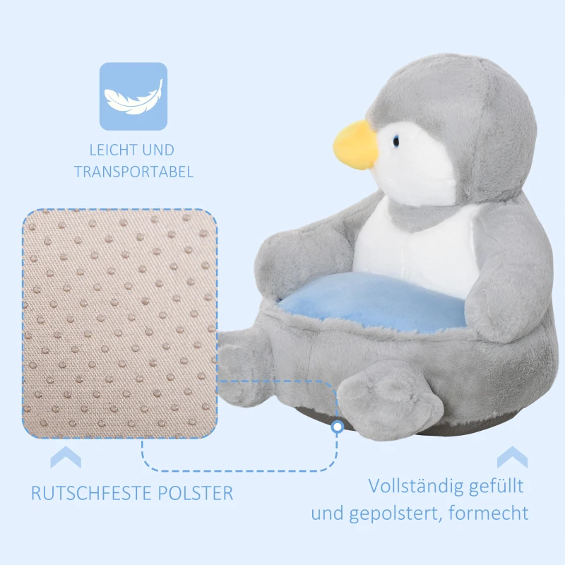 HOMCOM Pluche kinderfauteuil knuffel speelgoed kinderstoel pinguïn voor kinderkamer 59 x 50 x 59 cm