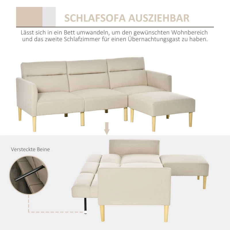 HOMCOM Sofabezug 3 sitzer Schlafsofa Stühle 2-In-1 Klappsofa Sofa in Bett individuell einstellbare Rückenlehne Sackleinen Schaumstoff Holz Beige 207 x 81 x 80 cm