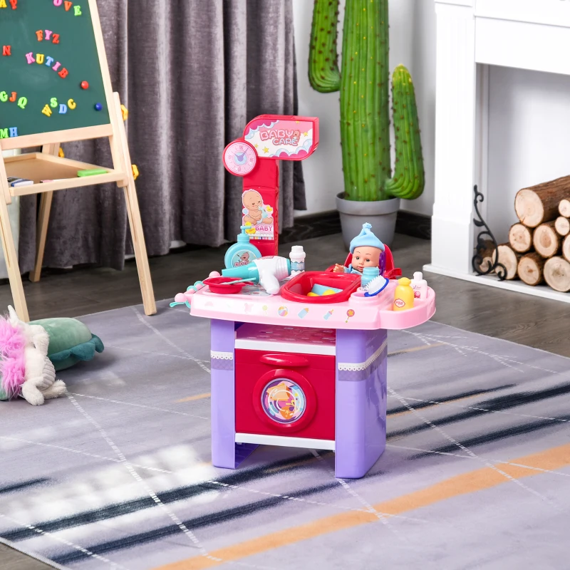 HOMCOM Cuidado de Muñeca para Niños de +3 Años Juguete de Imitacion Incluye 28 Piezas con Efecto de Sonido Educativo 52x30,5x72 cm Rosa