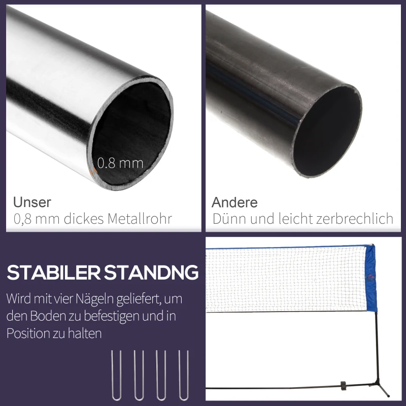Zestaw do Badmintona HOMCOM z Składaną Siatką do Tenisa Wysokość Regulowana 107/120/155 cm do Gry w Pomieszczeniach i na Zewnątrz Siatka do Badmintona z Torbą Transportową Metal Poliester Niebieski+Czarny
