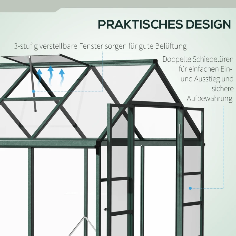 Outsunny Gewächshaus Aluminium Treibhaus mit Dachfenster Tür 308 x 248 x 226 cm Pflanzenhaus mit Regal begehbares Tomatenhaus Witterungsbeständig Polystyrolplatte