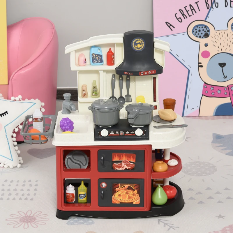 HOMCOM Cucina Giocattolo per Bambini con 52 Accessori, Fornelli con Luce e Suoni e Lavandino, Età 3-6 Anni, 56x25.5x61cm, Bianco e Rosso