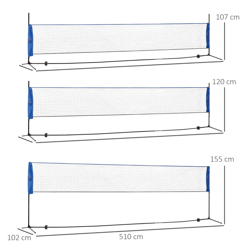 Zestaw do Badmintona HOMCOM z Składaną Siatką do Tenisa Wysokość Regulowana 107/120/155 cm do Gry w Pomieszczeniach i na Zewnątrz Siatka do Badmintona z Torbą Transportową Metal Poliester Niebieski+Czarny