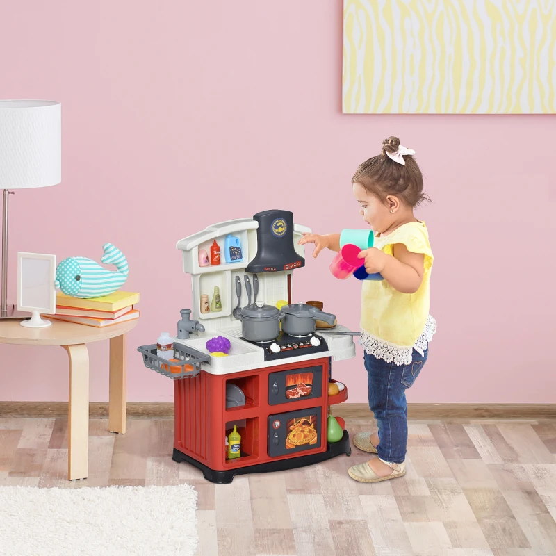 HOMCOM Cucina Giocattolo per Bambini con 52 Accessori, Fornelli con Luce e Suoni e Lavandino, Età 3-6 Anni, 56x25.5x61cm, Bianco e Rosso