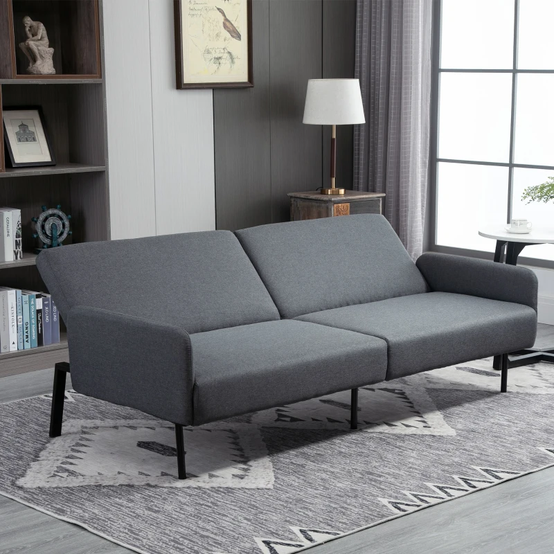 HOMCOM Divano Letto Pieghevole a 2 Posti in Tessuto Effetto Lino e Acciaio, 214x94x81 cm, Grigio