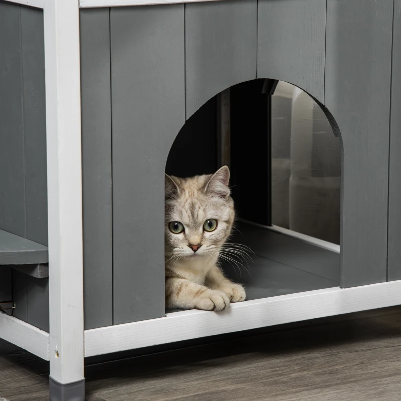 PawHut Casetta per Gatti con 2 Ingressi, 2 Gradini e Balcone in Legno d'Abete, 60x46x65cm