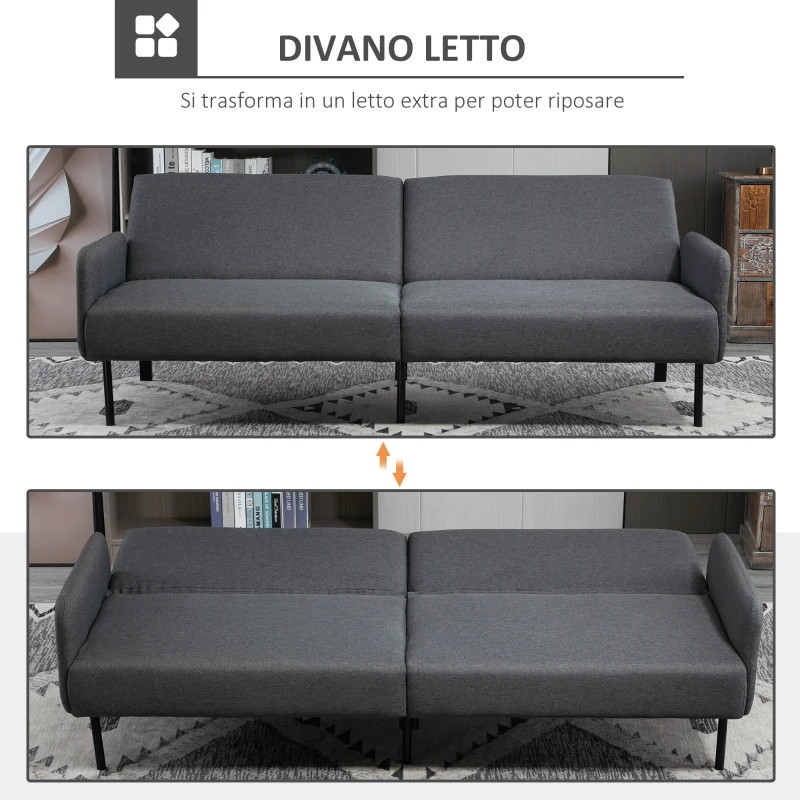HOMCOM Divano Letto Pieghevole a 2 Posti in Tessuto Effetto Lino e Acciaio, 214x94x81 cm, Grigio