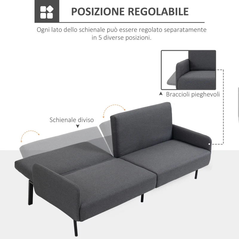 HOMCOM Divano Letto Pieghevole a 2 Posti in Tessuto Effetto Lino e Acciaio, 214x94x81 cm, Grigio