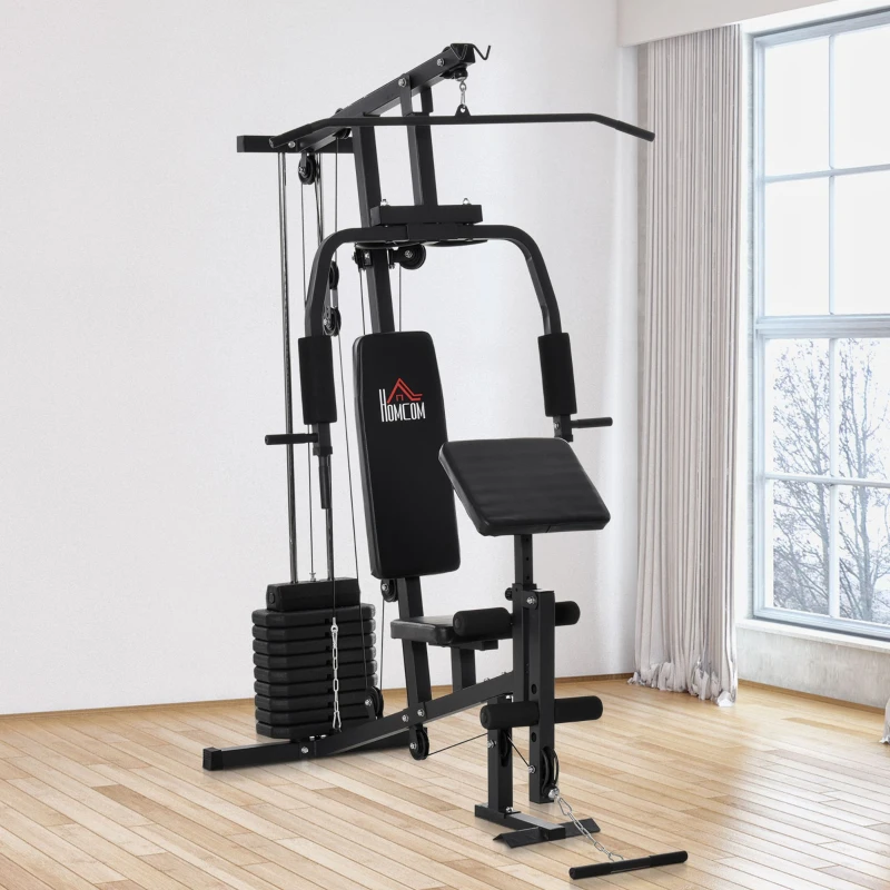 HOMCOM atlas stacja do ćwiczeń stacja fitness multigym centrum fitness urządzenie fitness z obciążeniami z wyściełanymi rolkami stal sztuczna skóra kolor czarny 148 x 108 x 207 cm