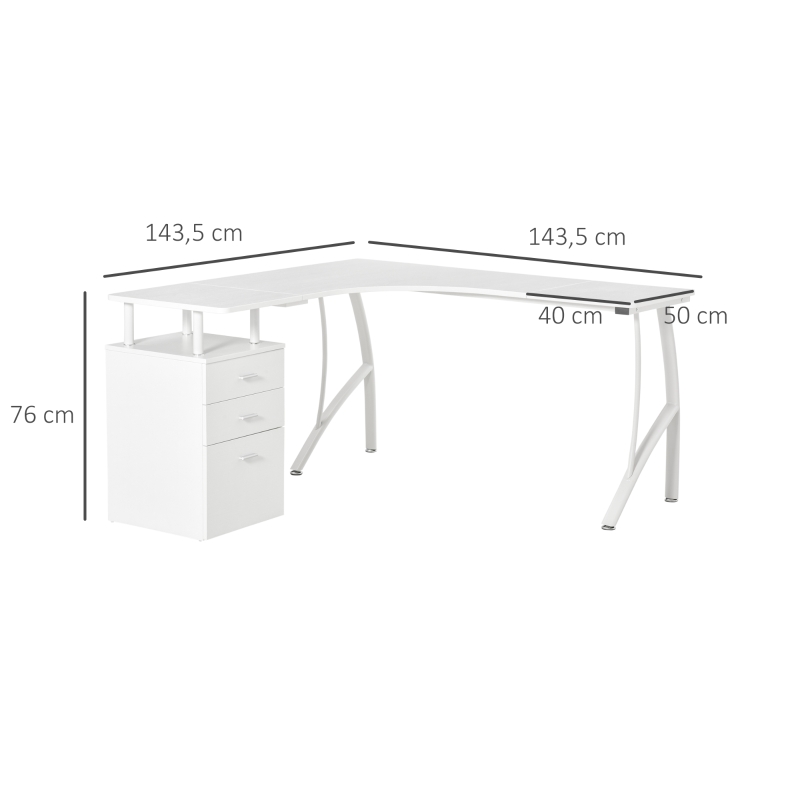 HOMCOM biurko w kształcie litery L z szufladami wykonanymi z materiału MDF metal narożnik do domowego biura miejsce pracy w stylu industrialnym kolor biały 143,5 x 143,5 x 76 cm