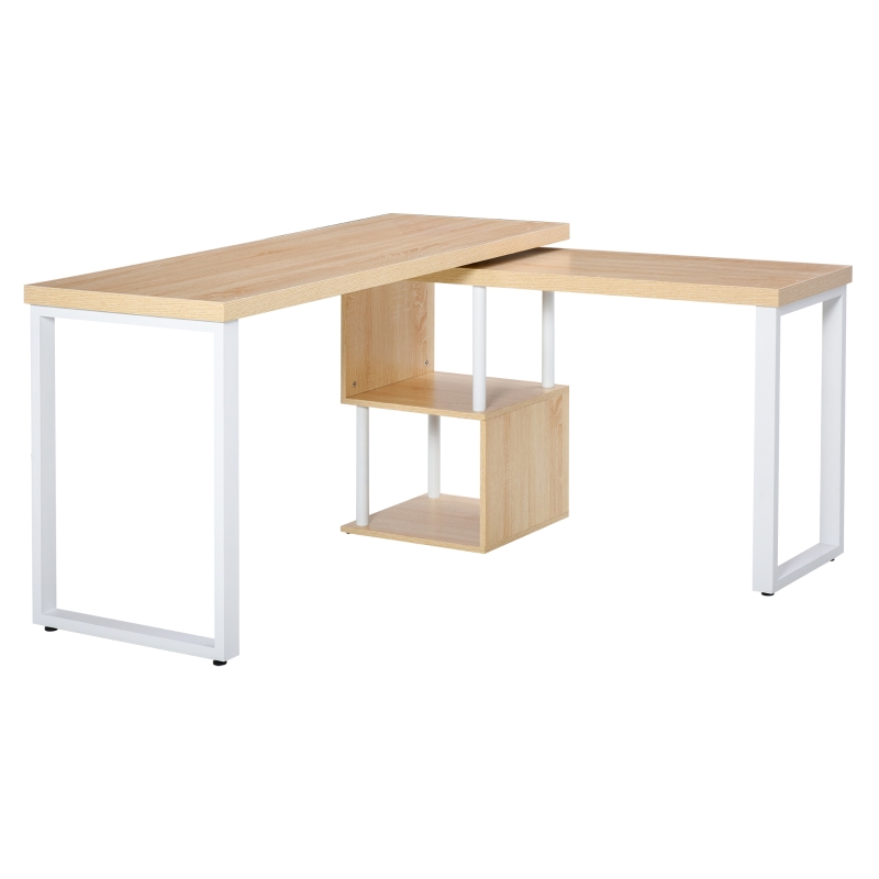 HOMCOM biurko narożne biurko kątowe biurko do komputera biurko komputerowe stół biurowy ustawienia w kształcie litery L obrotowy 360° MDF żelazo biały + dąb 220 x 55 x 76 cm
