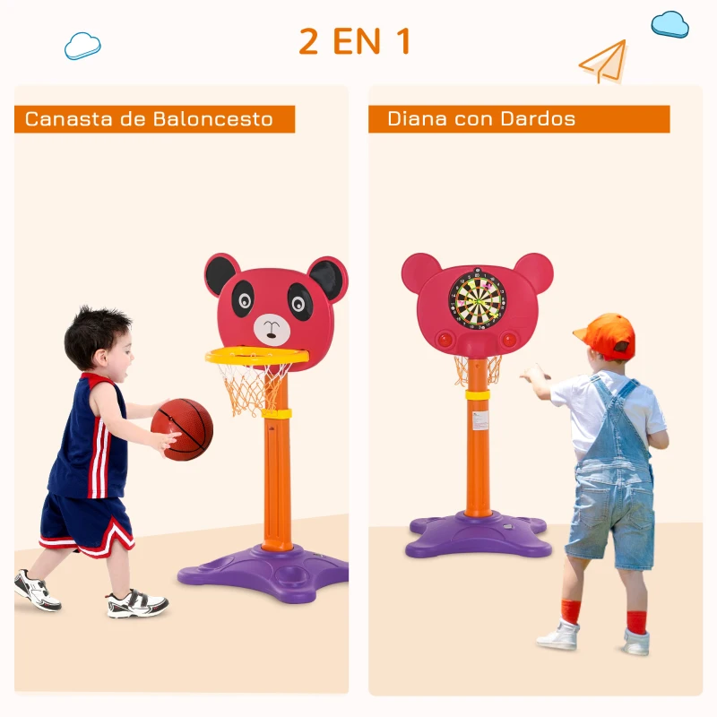 HOMCOM Canasta de Baloncesto Infantil 2 en 1 con Diana Altura Ajustable Panel en Forma de Osito Incluye 2 Pelotas y 6 Dardos Apto para Niños de +3 Años 60x53x100-160 cm Multicolor