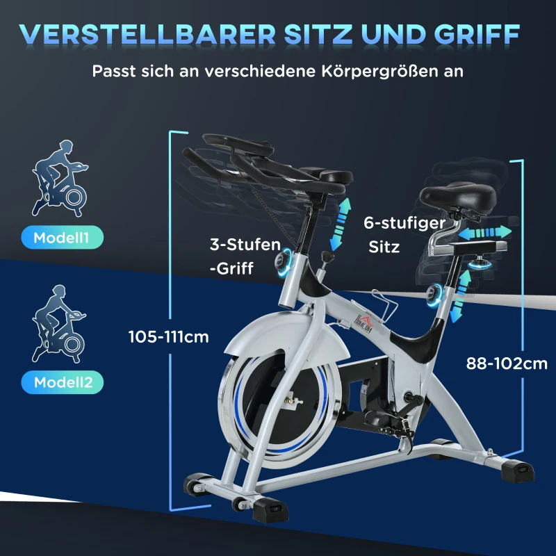 Speedbike Indoor Ergometr HOMCOM rower treningowy z kołem zamachowym 15 kg regulowane poziomy oporu domowa siłownia do 180 kg trenażer rowerowy monitor LCD metal ABS kolor srebrny + czarny