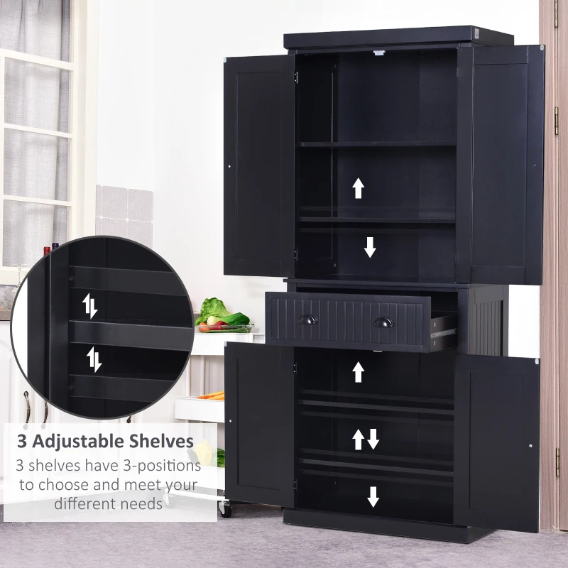 HOMCOM Traditional Storage Cabinet Cupboard Freestanding Kitchen Pantry with Drawer, Doors and Adjustable Shelves, Black