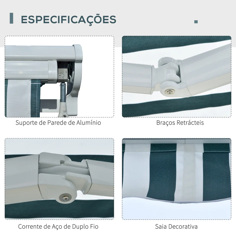 Outsunny Toldo Elétrico Retrátil 300x250cm com Função Manual com Manivela e Controle Remoto para Portas Janelas Verde e Branco