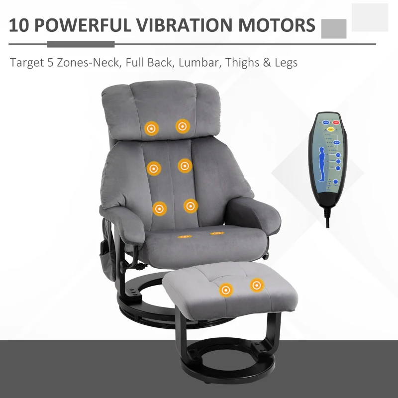 HOMCOM fotel do masażu fotel telewizyjny fotel z podnóżkiem funkcja masażu aksamitny poliester szary 76 x 80 x 102 cm