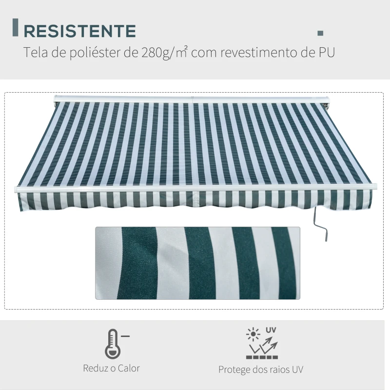 Outsunny Toldo Elétrico Retrátil 300x250cm com Função Manual com Manivela e Controle Remoto para Portas Janelas Verde e Branco