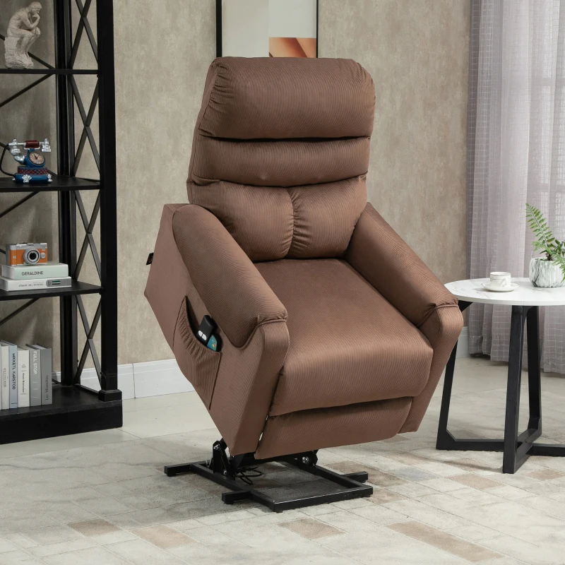 HOMCOM fotel telewizyjny z funkcją masażu pomoc przy wstawaniu pilot zdalnego sterowania ogrzewanie elektryczne funkcja leżenia tkanina poliestrowa metal kolor jasnobrązowy 79 x 97 x 103 cm