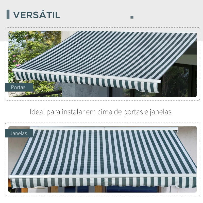 Outsunny Toldo Elétrico Retrátil 300x250cm com Função Manual com Manivela e Controle Remoto para Portas Janelas Verde e Branco