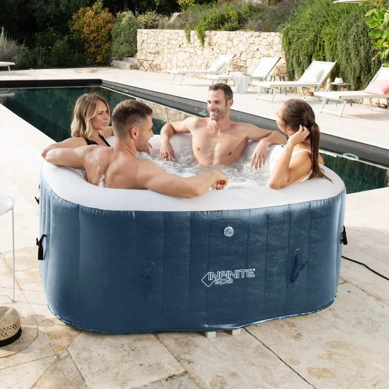 Outsunny Spa Gonflable carré 4 Personnes dim. 1,54L x 1,54l x 0,65H m Infinite - 120 Buses d'air Hydro-massantes - Fonctions Chauffage Filtration - Liner PVC Blanc Bleu