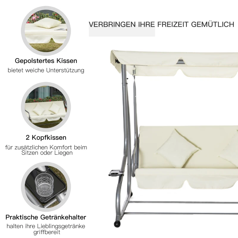 Outsunny Huśtawka 3-osobowa, krzesło bujane, huśtawka z dachem, huśtawka ogrodowa z siedziskiem i oparciem, ławka z tacą, regulowany kąt nachylenia dachu, stalowa rura, tkanina poliestrowa, beżowa, 200 x 120 x 164 cm