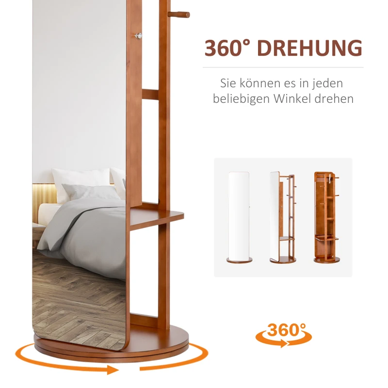 Szafka na biżuterię HOMCOM szafka z lustrem szafka ścienna obracana o 360° płyta MDF sosna szklane lustro jasny orzech Ø50 x 169 cm