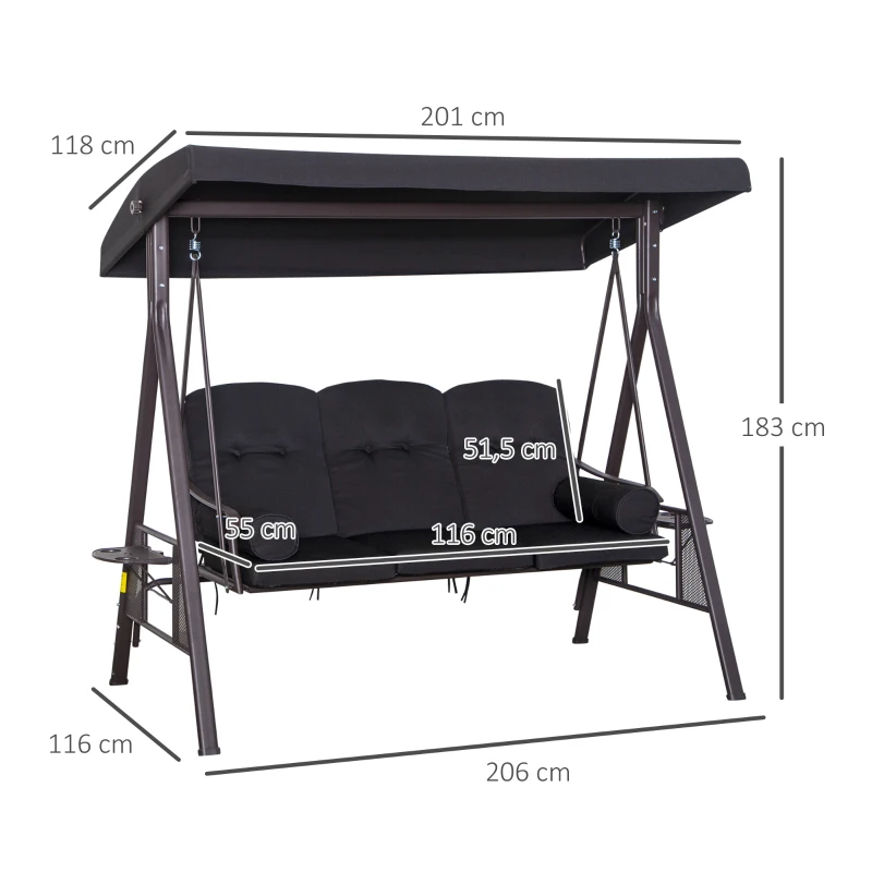 Outsunny 3-osobowa huśtawka z daszkiem przeciwsłonecznym poduszka metal ciemnoszary