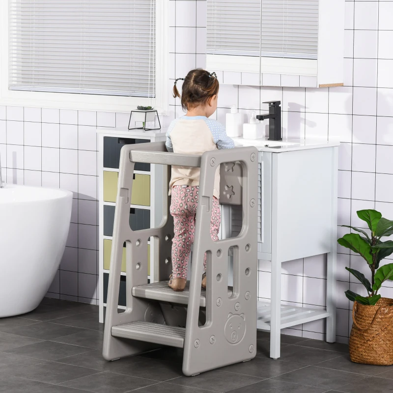 HOMCOM Kids Step Stool, with Adjustable Platform and Non-Slip Mat – Grey