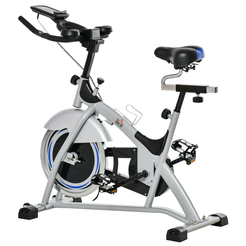 Speedbike Indoor Ergometr HOMCOM rower treningowy z kołem zamachowym 15 kg regulowane poziomy oporu domowa siłownia do 180 kg trenażer rowerowy monitor LCD metal ABS kolor srebrny + czarny