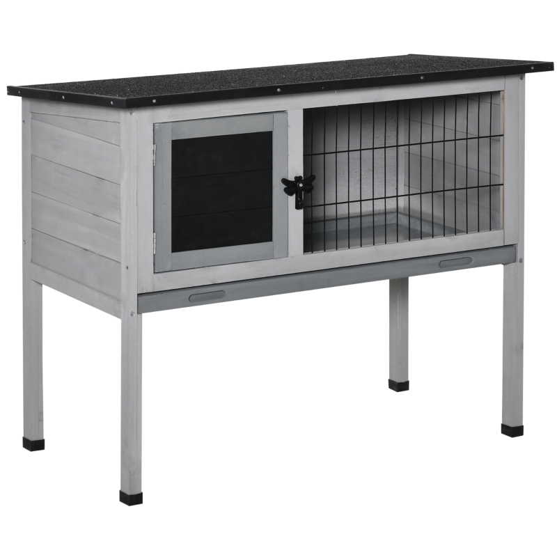 PawHut Elevated Fir Wood Rabbit Hutch Tray Openable Asphalt Roof Outdoor Pet Cage Grey