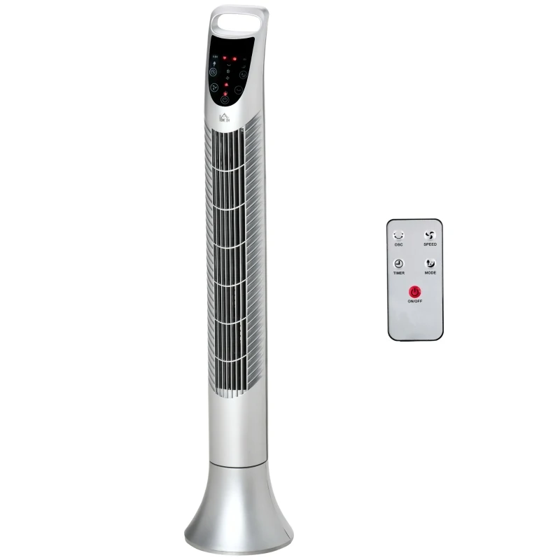 HOMCOM 36'' Freestanding Tower Fan, 3 Speed 3 Mode, 7.5h Timer, 70 Degree Oscillation, LED Panel, 5M Remote Controller, Silver