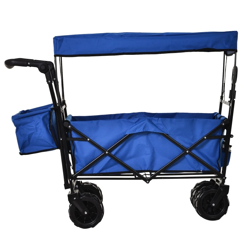 DURHAND Folding Trolley Cart Storage Wagon Beach Trailer 4 Wheels with Handle Overhead Canopy Cart Push Pull For Shopping Camping Garden - Blue